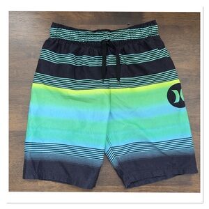 HURLEY Black & Mint Striped Swim Shorts